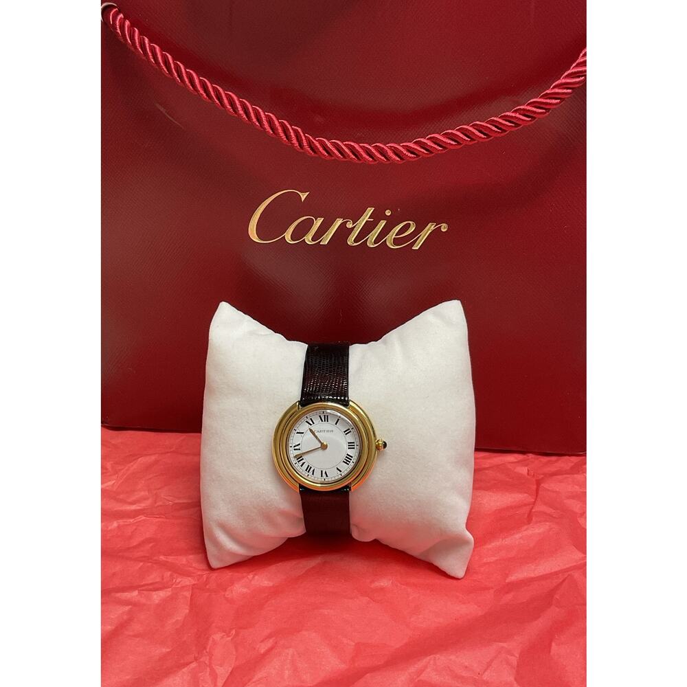 Authentic 18K Solid Yellow Gold Cartier Watch with Black & Brown Leather Band